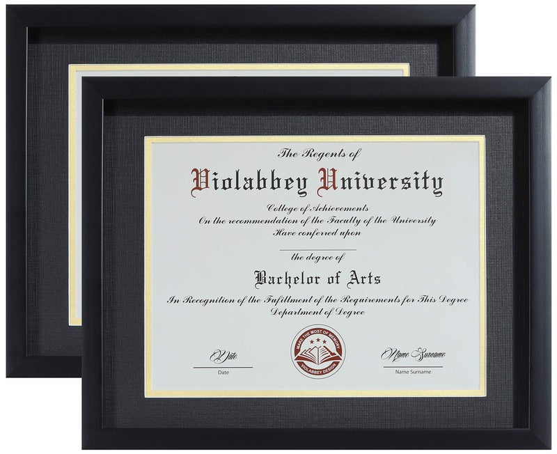 VIOLABBEY 85 x 11 Diploma Frame Black 2 pack with HD Real Glass Fits 85x11 Inch Degree Document with Black Gold Double Mat or 11x14 without Mat Certificate Frame for Wall or Tabletop Display