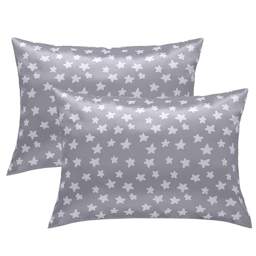 Winmany 2 Pack Toddler Pillow Cases Baby Silk Satin Pillowcases 49 x 36cm Cot Bed Envelope Pillow Cover Kids Soft Travel Pillow Pair Cases for Boys Girls Machine Washable Grey Star - Image 1