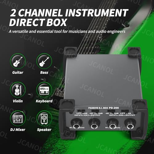 JCANOL PD200 Stereo Passive DI Box Unit Hum Eliminator with GND switch, Input Attenuator to Connect Guitar & Bass, 1/4" instrument Direct Box to Balanced & Unbalanced XLR - Image 3