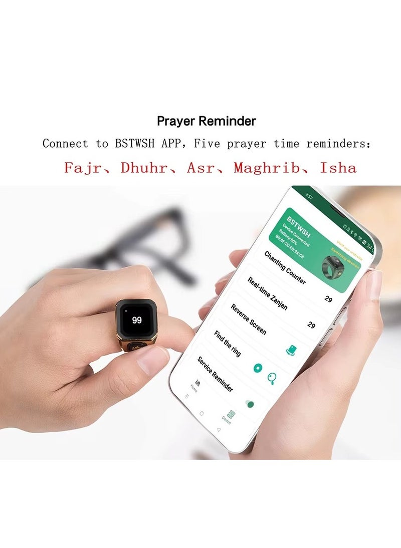 خاتم ذكي من سبائك الزنك المعدني للذكر والتسبيح – عداد تسبيح رقمي مع بلوتوث، تذكير بمواقيت الصلوات الخمس، شاشة OLED، تنبيهات بالاهتزاز، وحافظة شحن قابلة لإعادة الشحن - مقاس 18مم - Image 5