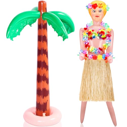 Liliful 2 Pcs Hawaiian Inflatable Blow up Decorations 59'' No Moving Part Figure Summer Inflatable Palm Tree Pool Raft Hula Skirt Bikini Top Costume, Bachelors Party Accessories(Grass Color) - Image 1