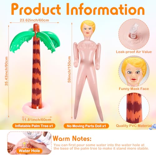 Liliful 2 Pcs Hawaiian Inflatable Blow up Decorations 59'' No Moving Part Figure Summer Inflatable Palm Tree Pool Raft Hula Skirt Bikini Top Costume, Bachelors Party Accessories(Grass Color) - Image 2