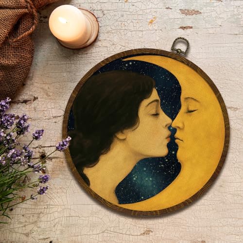 KLYTINK Retro Celestial Decor,Romantic Moon and Young Girl Round Wall Art,Vintage-Inspired Celestial Canvas Print, Surreal Moon and Woman Hanging Decor for Bedroom, Gallery Wall, 10''x10'' - Image 2