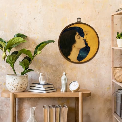 KLYTINK Retro Celestial Decor,Romantic Moon and Young Girl Round Wall Art,Vintage-Inspired Celestial Canvas Print, Surreal Moon and Woman Hanging Decor for Bedroom, Gallery Wall, 10''x10'' - Image 4