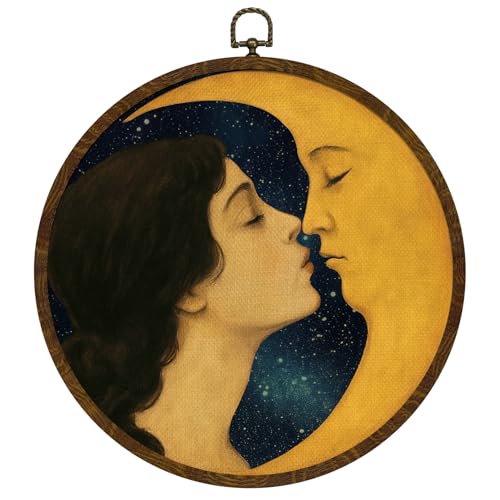 KLYTINK Retro Celestial Decor,Romantic Moon and Young Girl Round Wall Art,Vintage-Inspired Celestial Canvas Print, Surreal Moon and Woman Hanging Decor for Bedroom, Gallery Wall, 10''x10'' - Image 1