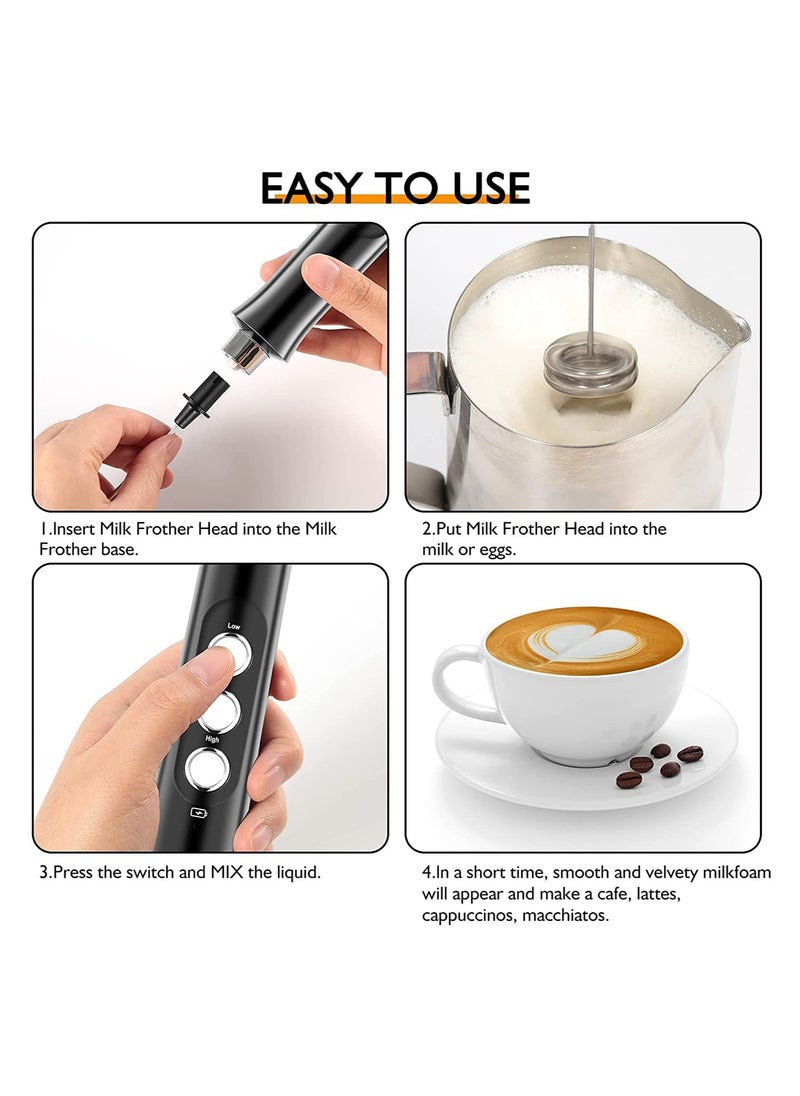 Arabest Handheld Electric Mini Coffee Frother with 3 Stainless Steel Stirrers, USB Rechargeable 1200mAh 3-Speed Adjustable Beverage Stirrer (Black)  - Image 4
