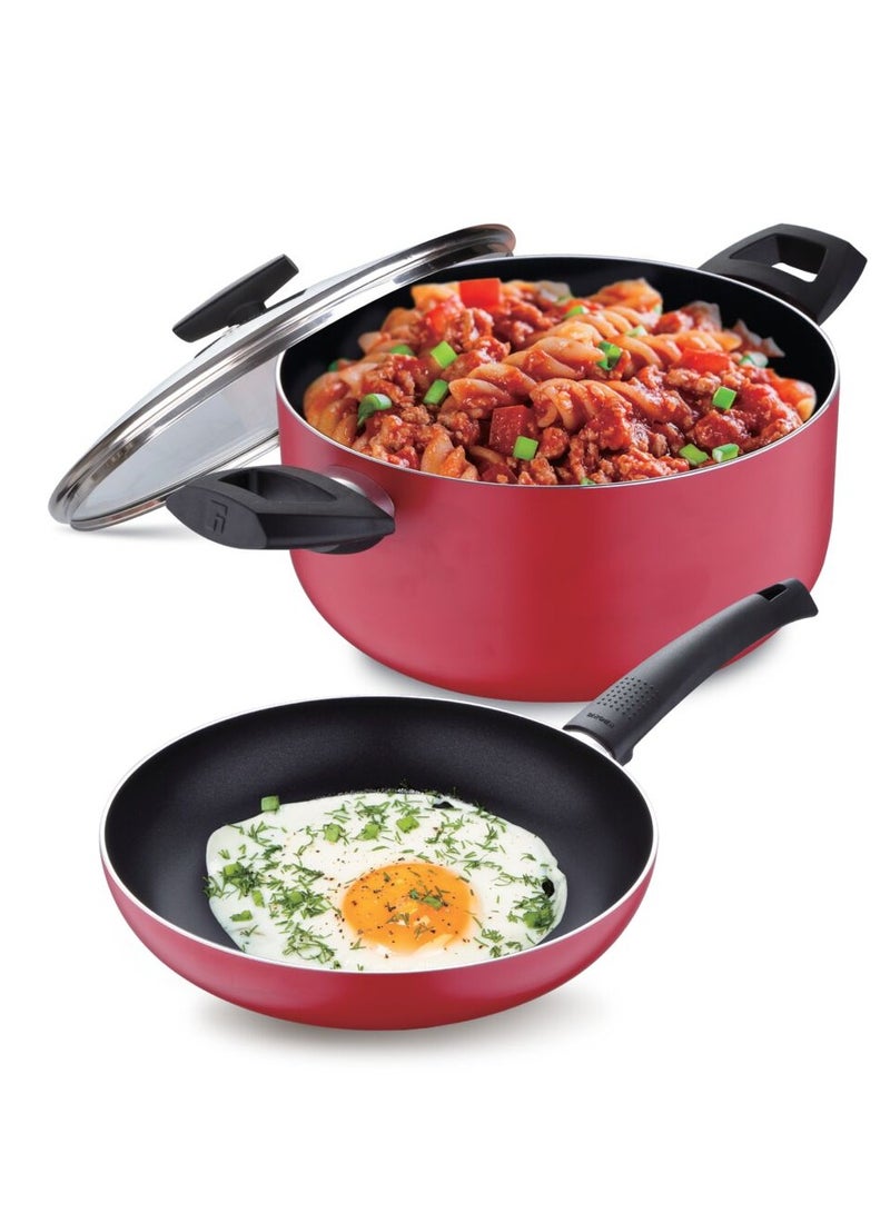 2-Piece Casserole With Lid And Frypan Set Red 5 Liters