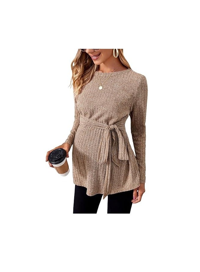 Women's Maternity Shirts Casual Long Sleeve Tie Front Ribbed Knit Pregnancy Tee Top  - Image 1