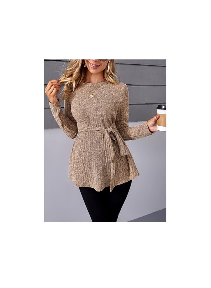 Women's Maternity Shirts Casual Long Sleeve Tie Front Ribbed Knit Pregnancy Tee Top  - Image 3