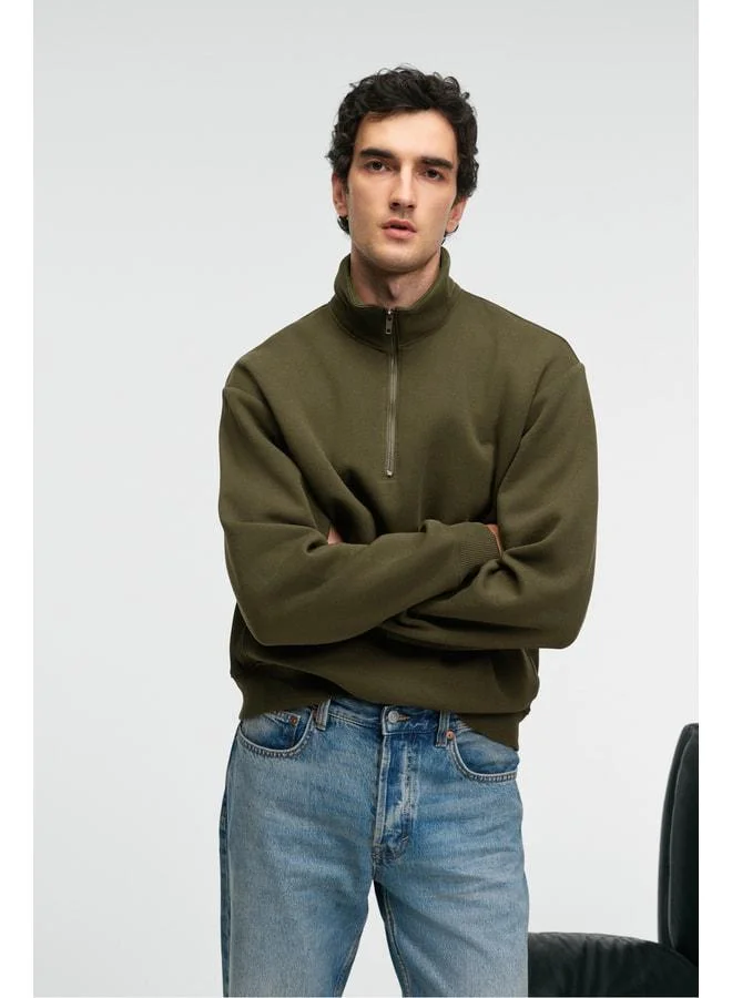 Grimelange BAXTER Men's Stand Collar Zip-up Relaxed Dark Khaki Sweatshirt.