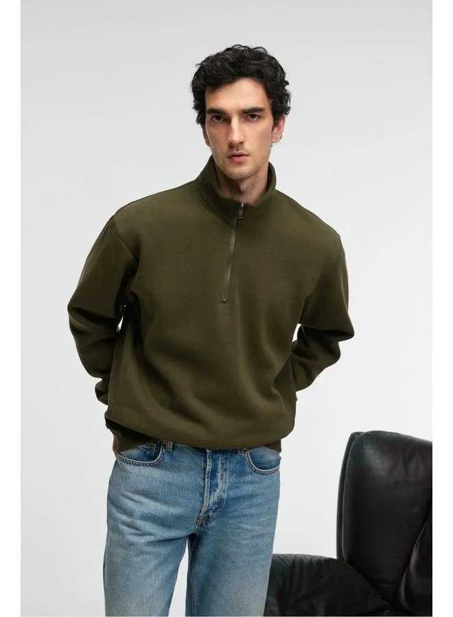 Grimelange BAXTER Men's Stand Collar Zip-up Relaxed Dark Khaki Sweatshirt.