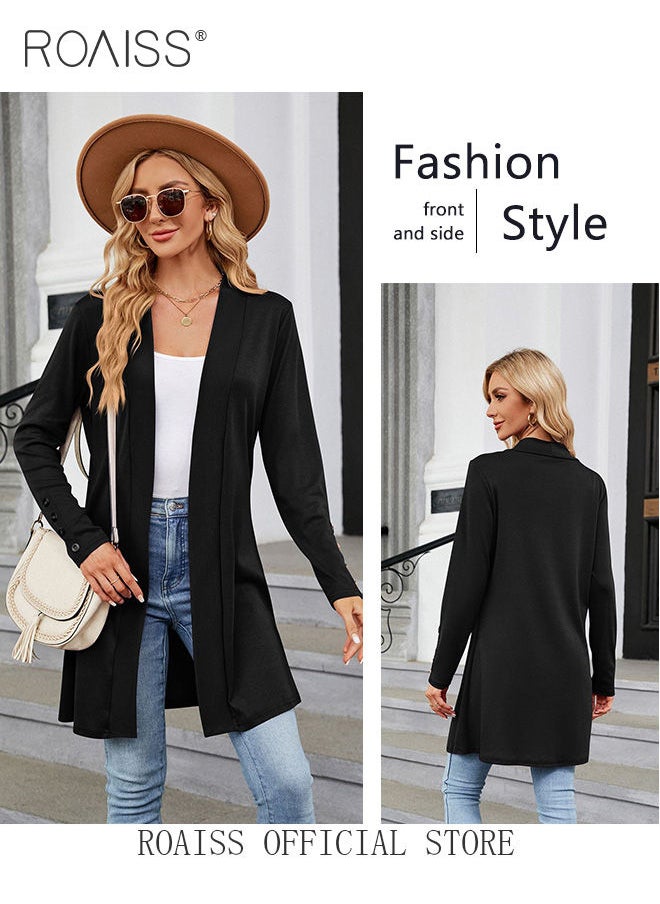 roaiss - Ladies Casual Regular Fit Long Sleeve Top Women Solid Color Cardigan Casual and Versatile Women Knitted Coat - Image 1