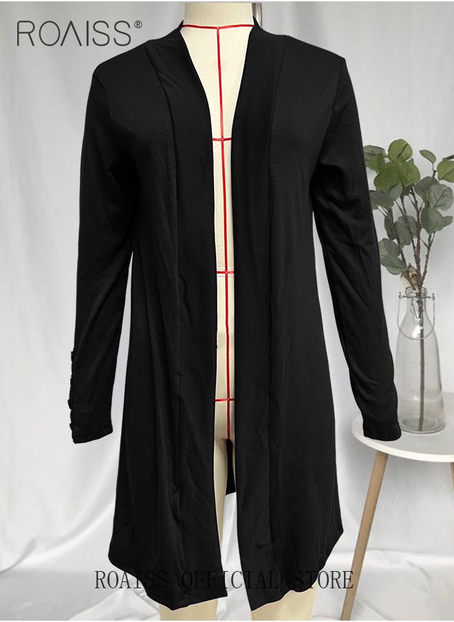 roaiss - Ladies Casual Regular Fit Long Sleeve Top Women Solid Color Cardigan Casual and Versatile Women Knitted Coat - Image 1