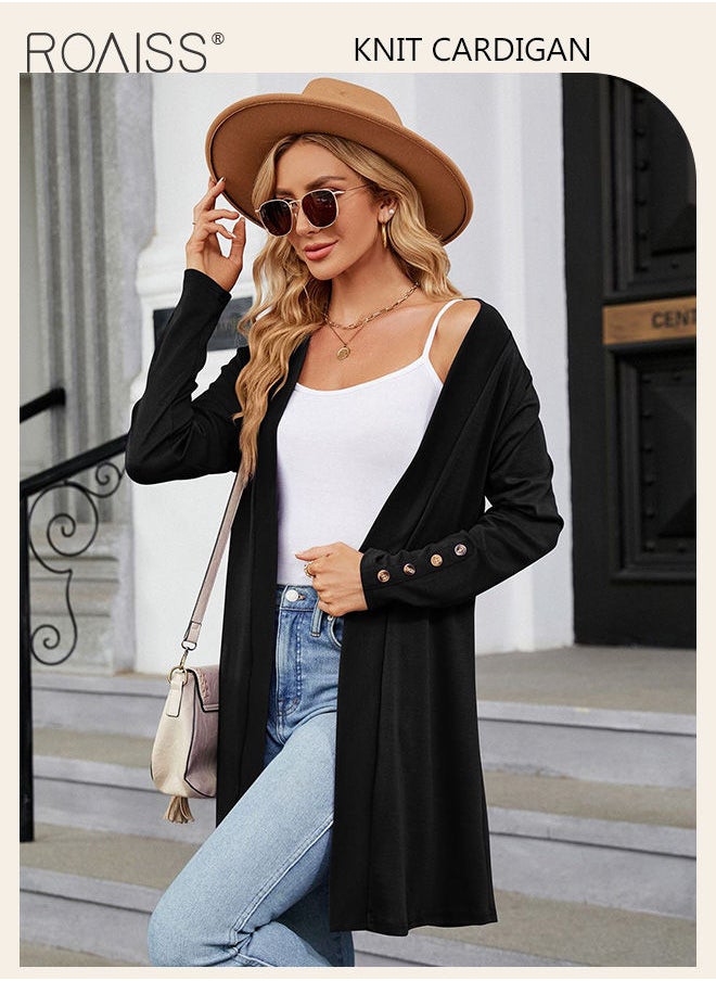 roaiss - Ladies Casual Regular Fit Long Sleeve Top Women Solid Color Cardigan Casual and Versatile Women Knitted Coat - Image 1