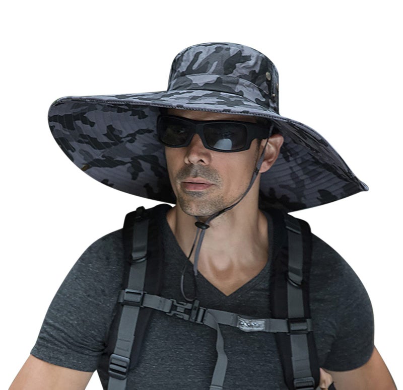 Leotruny Men Wide Brim Sun Hats UPF50+ Waterproof Breathable Bonnie Hat for Fishing, Hiking, Camping (C08-dark Gray camo) - Image 1