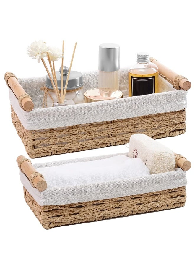 Round Paper Rope Storage Basket, Wicker Baskets for Organizing with Handle, Decorative Bins for Countertop, Toilet Paper Basket for Toilet Tank Top, Small Baskets Set (Set of 2,Beige) - Image 1