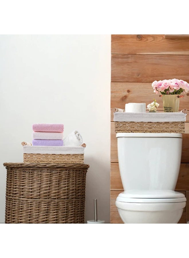 Round Paper Rope Storage Basket, Wicker Baskets for Organizing with Handle, Decorative Bins for Countertop, Toilet Paper Basket for Toilet Tank Top, Small Baskets Set (Set of 2,Beige) - Image 3