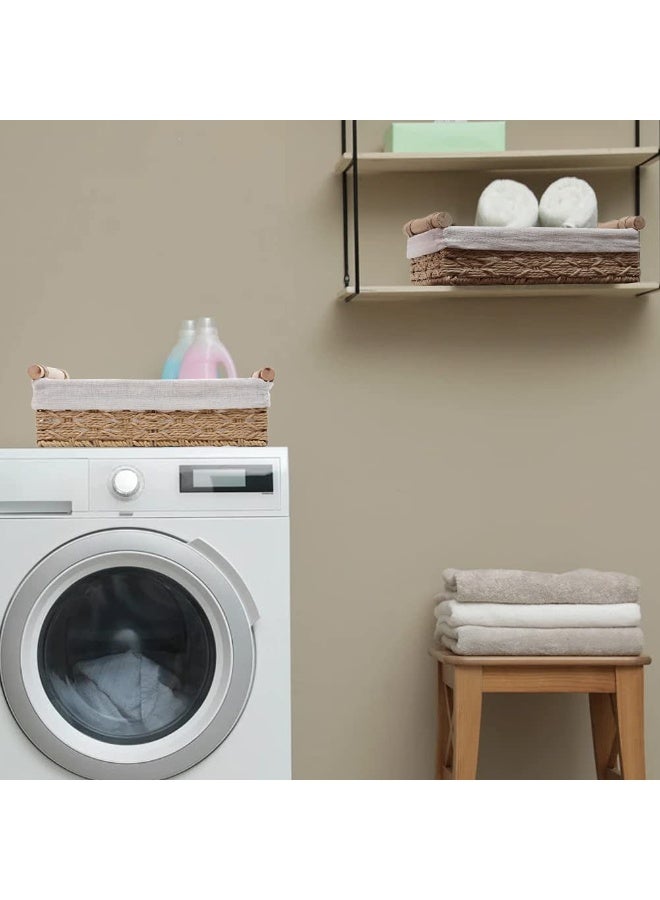 Round Paper Rope Storage Basket, Wicker Baskets for Organizing with Handle, Decorative Bins for Countertop, Toilet Paper Basket for Toilet Tank Top, Small Baskets Set (Set of 2,Beige) - Image 2