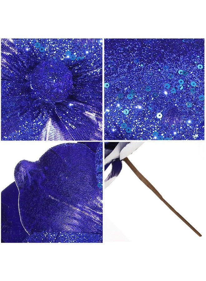 GL-Turelifes GL-Turelifes 10’’ Large Glitter Christmas Flowers 6 Pcs Artificial Magnolia Flower Ornaments Fold Floral for Christmas Tree Decorations Xmas Tree New Year Party Wedding Centerpiece (Blue)  - Image 5