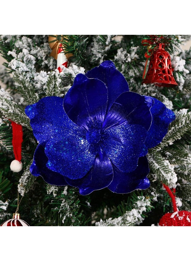 GL-Turelifes GL-Turelifes 10’’ Large Glitter Christmas Flowers 6 Pcs Artificial Magnolia Flower Ornaments Fold Floral for Christmas Tree Decorations Xmas Tree New Year Party Wedding Centerpiece (Blue)  - Image 2