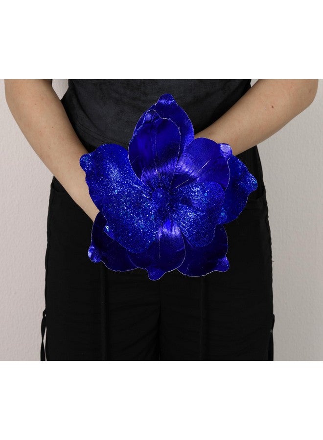 GL-Turelifes GL-Turelifes 10’’ Large Glitter Christmas Flowers 6 Pcs Artificial Magnolia Flower Ornaments Fold Floral for Christmas Tree Decorations Xmas Tree New Year Party Wedding Centerpiece (Blue)  - Image 4