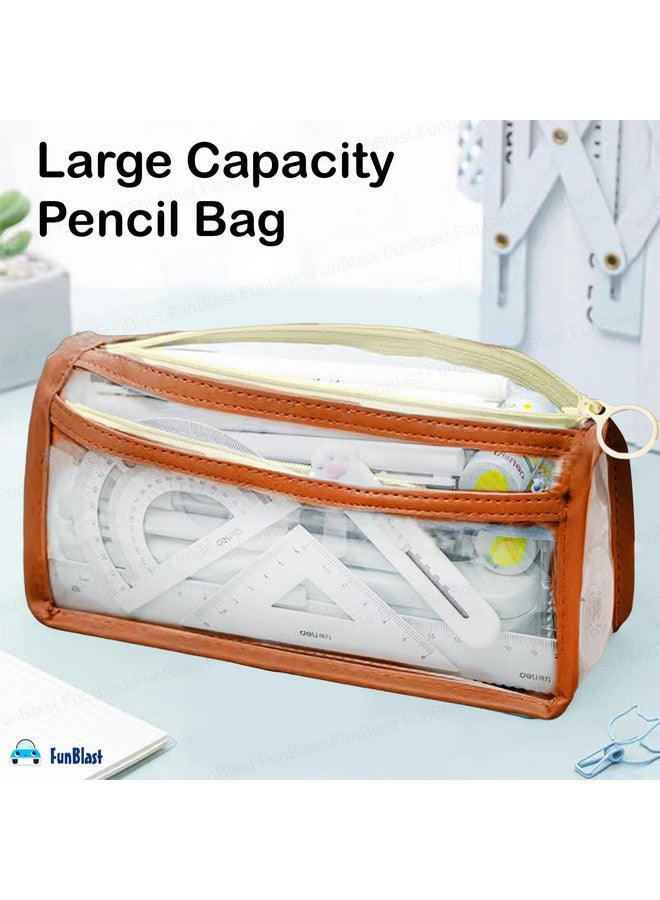 FunBlast Large Capacity Pencil Bag, Transparent Pencil Pouch with Zipper Closure Portable Makeup Pouch, Aesthetic Pouch, Cute Stationery Bag for Students Girls Adults Office (Tan) - Image 2