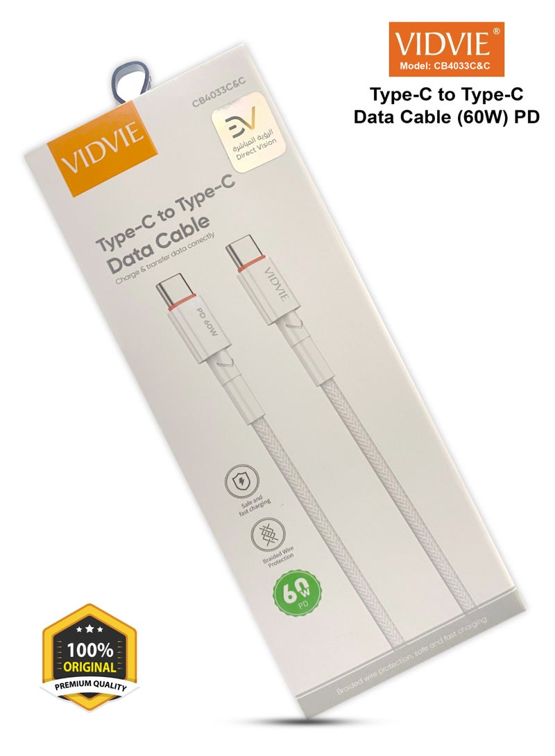 Vidvie Premium Quality Type-C to Type-C Data Cable CB4033C&C, 60W 1.2M