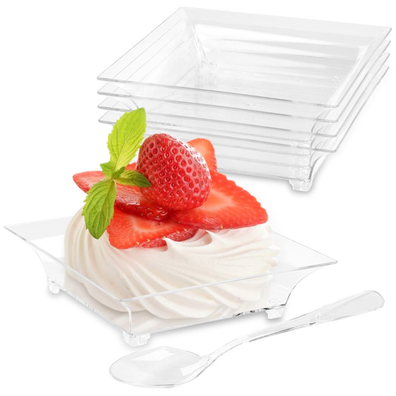 Qeirudu 100 Pack 1 oz Small Dessert Plates for Appetizers  Mini Plastic Plates with Spoons Reusable Square Appetizer Bowls Tiny Individual Serving Trays