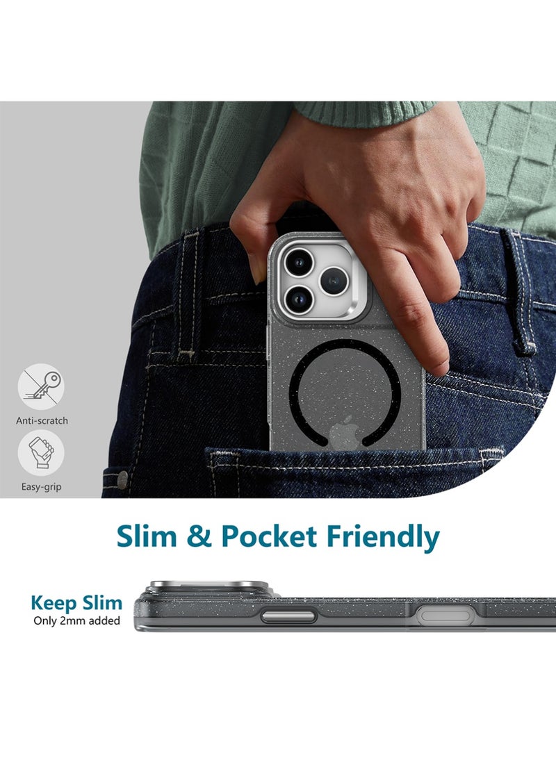 X-level iPhone 17 Pro Case Glitter, Compatible with MagSafe,Grade Protective Magnetic Translucent Phone Cover, Built-in Stash Camera Stand/Wrist Strap Lanyard, Black - Image 2