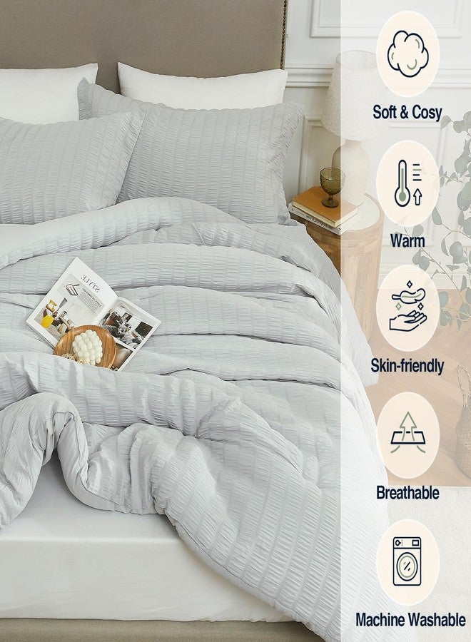 Quataly Light Grey King Comforter Set - 3 Pieces Seersucker Lightweight Bedding Comforter Sets (1 Soft Fluffy Comforter & 2 Pillowcases) - All Seasons Cozy Modern Bed Sets for Women Men - Image 3