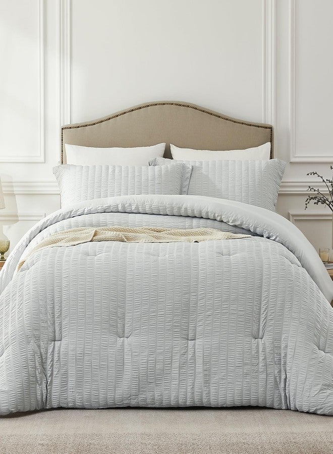 Quataly Light Grey King Comforter Set - 3 Pieces Seersucker Lightweight Bedding Comforter Sets (1 Soft Fluffy Comforter & 2 Pillowcases) - All Seasons Cozy Modern Bed Sets for Women Men - Image 1