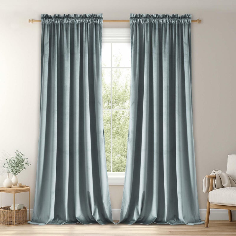 JIUZHEN Velvet Curtains 96 inches Stone Blue Room Darkening Privacy Rod Pocket Window Curtains for Bedroom Living Bedroom Patio Door 60W x 96L 2 Panels with Tiebacks