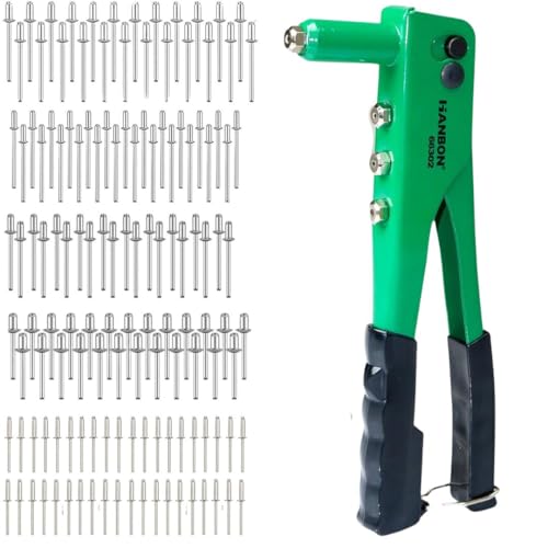 Homdum Non Slip 10 inch Rivet Gun and Rivets, Riveter Nail Gun, Pop Riveter With 150 Aluminum Blind Rivets (Green yellow). - Image 1