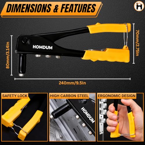 Homdum Non Slip 10 inch Rivet Gun and Rivets, Riveter Nail Gun, Pop Riveter With 150 Aluminum Blind Rivets (Green yellow). - Image 3