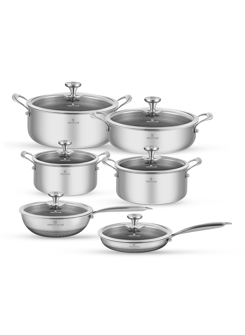 بيدستون طقم أواني طهي فاخر بطلاء خلية النحل من بيدستون – طقم كسرولات من الفولاذ المقاوم للصدأ 18/10 يشمل مقلاة، وووك، وقدر مسطح مع أغطية زجاجية، متوافق مع مواقد الحث الحراري والغاز، مزود بمقابض وقاعدة مقاومة للحرارة، من أساسيات المطبخ، تقنية سطح طهي فريدة من نوعها - Image 1