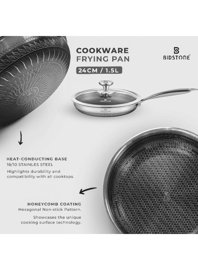 بيدستون طقم أواني طهي فاخر بطلاء خلية النحل من بيدستون – طقم كسرولات من الفولاذ المقاوم للصدأ 18/10 يشمل مقلاة، وووك، وقدر مسطح مع أغطية زجاجية، متوافق مع مواقد الحث الحراري والغاز، مزود بمقابض وقاعدة مقاومة للحرارة، من أساسيات المطبخ، تقنية سطح طهي فريدة من نوعها - Image 5