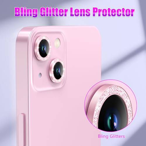 AGVEE 3+3 6 Pack for iPhone 13 6.1" / 13 Mini 5.4" Camera Lens Protector, Bling Diamond & Bling Glitter Metal Ring 9H Tempered HD Glass Camera Cover Film, Bling-Pink - Image 5