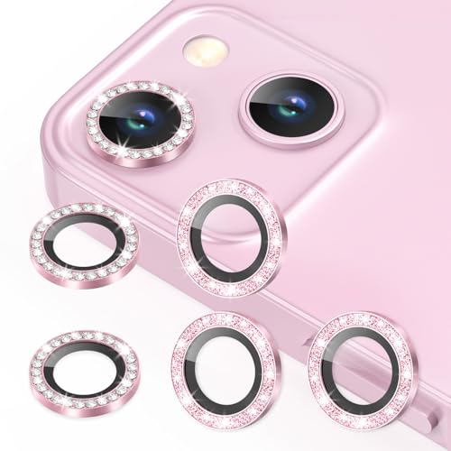 AGVEE 3+3 6 Pack for iPhone 13 6.1" / 13 Mini 5.4" Camera Lens Protector, Bling Diamond & Bling Glitter Metal Ring 9H Tempered HD Glass Camera Cover Film, Bling-Pink - Image 1
