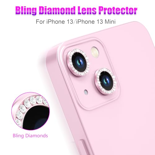 AGVEE 3+3 6 Pack for iPhone 13 6.1" / 13 Mini 5.4" Camera Lens Protector, Bling Diamond & Bling Glitter Metal Ring 9H Tempered HD Glass Camera Cover Film, Bling-Pink - Image 4