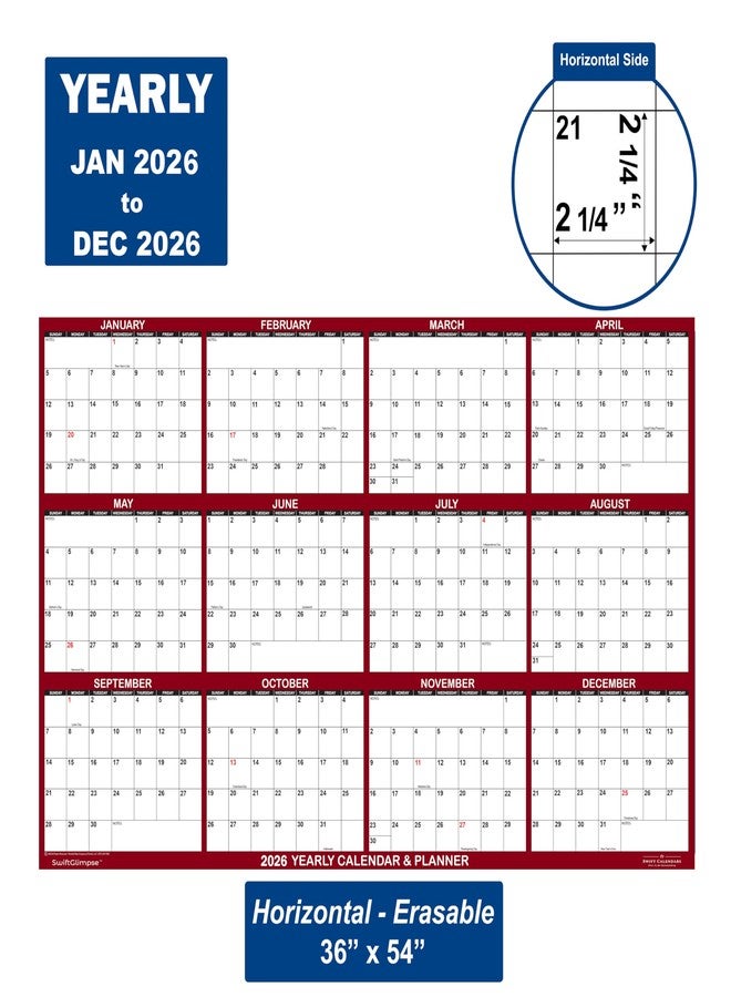 Swiftmaps 36" x 54" SwiftGlimpse 2026 Wall Calendar Erasable Large Wet & Dry Erase Laminated 12 Month Annual Yearly Wall Planner, Horizontal, Maroon - Image 2
