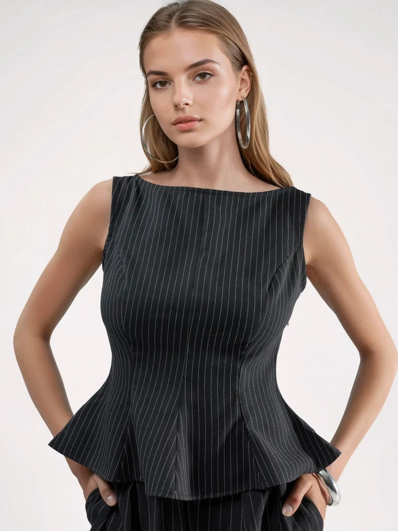هيكاب Striped Boat Neck Peplum Top with Zipper
