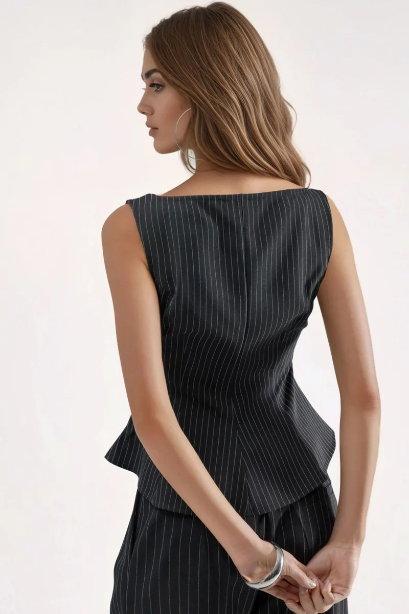 Hiccup Black Striped Boat Neck Peplum Top with Zipper for Women | Best Price UAE
