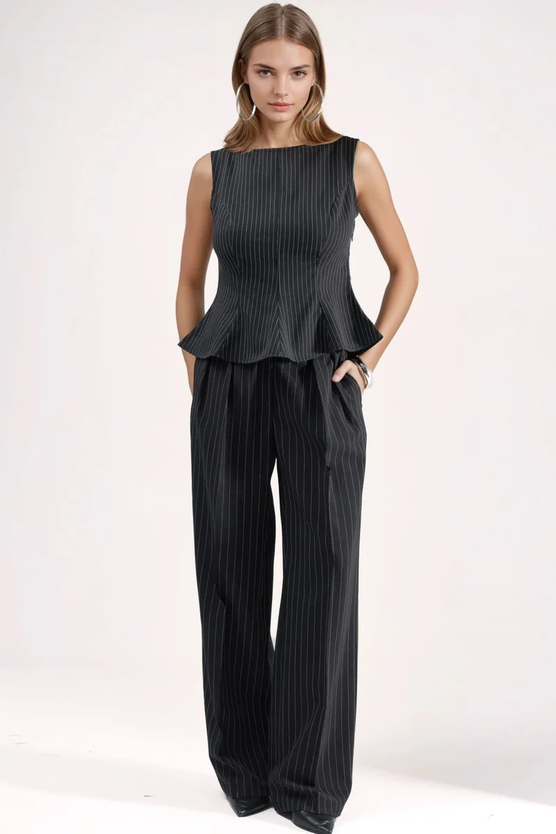 Hiccup Black Striped Boat Neck Peplum Top with Zipper for Women | Best Price UAE