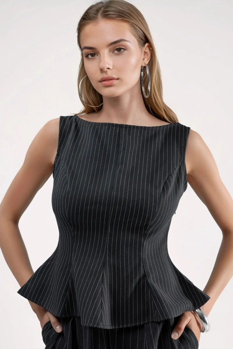 هيكاب Striped Boat Neck Peplum Top with Zipper