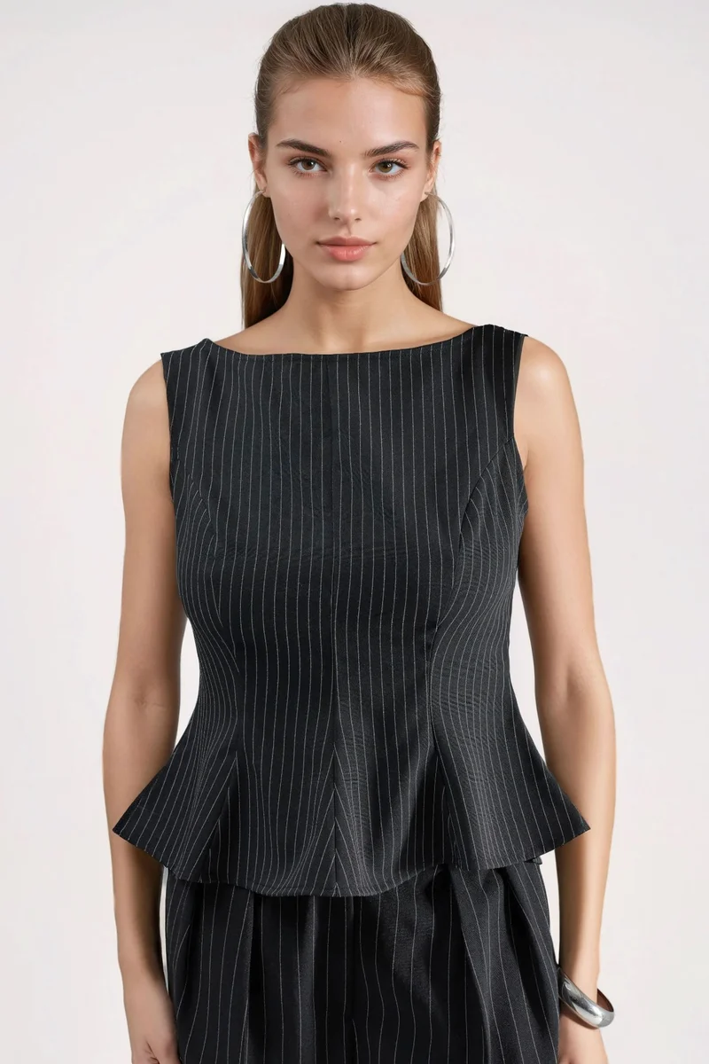 Hiccup Black Striped Boat Neck Peplum Top with Zipper for Women | Best Price UAE