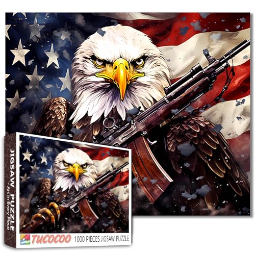 Tucocoo American Flag Jigsaw Puzzles for Adults 1000 Pieces Bald Eagle Shoulder a Gun Jigsaw Puzzle Art 20 x 27 Inches Colorful DIY Puzzles for Home Decoration Family Puzzle Perfect for Game Nights - Image 1