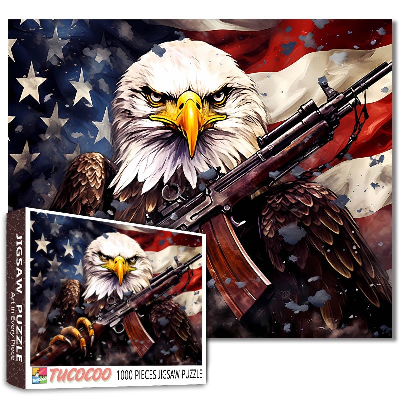 Tucocoo American Flag Jigsaw Puzzles for Adults 1000 Pieces Bald Eagle Shoulder a Gun Jigsaw Puzzle Art 20 x 27 Inches Colorful DIY Puzzles for Home Decoration Family Puzzle Perfect for Game Nights - Image 3