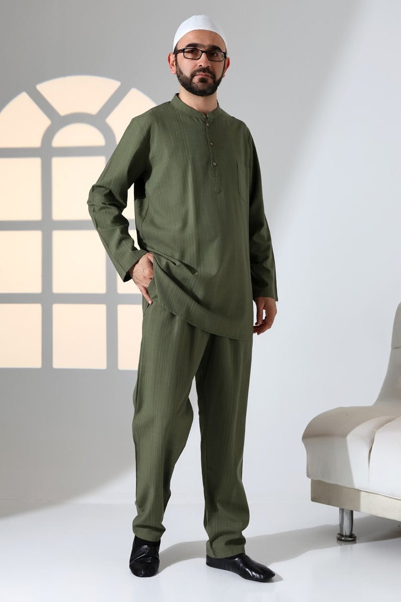 İhvan Online Ihvan Online Men's Single Pocket Mandarin Collar Shirt Trousers Linen Two Piece Set Hajj Umrah Outfit - Khaki - Image 2