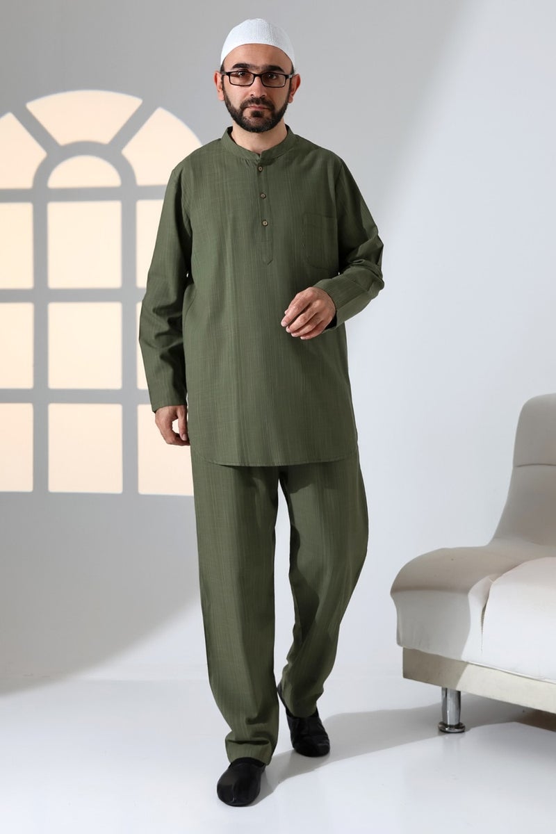 İhvan Online Ihvan Online Men's Single Pocket Mandarin Collar Shirt Trousers Linen Two Piece Set Hajj Umrah Outfit - Khaki - Image 4
