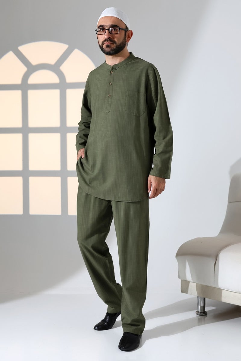 İhvan Online Ihvan Online Men's Single Pocket Mandarin Collar Shirt Trousers Linen Two Piece Set Hajj Umrah Outfit - Khaki - Image 3
